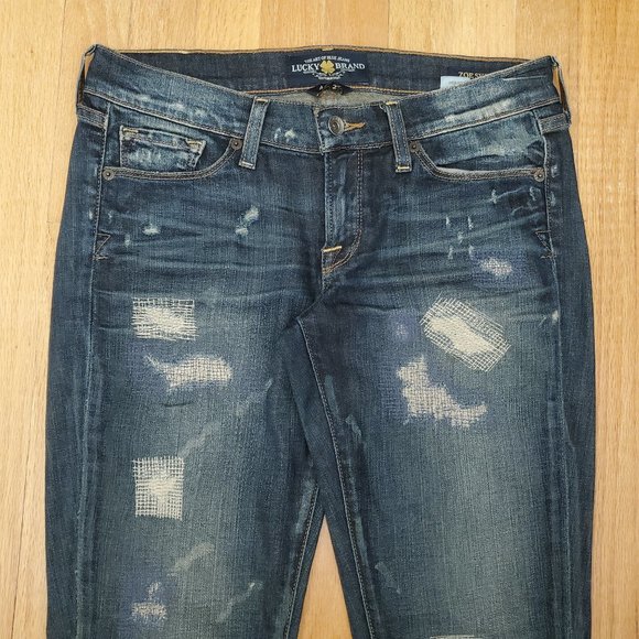 Lucky Brand Zoe Jeans Womens 4x27 Blue Denim Dark Wash Skinny Stretch Distressed - Picture 2 of 15